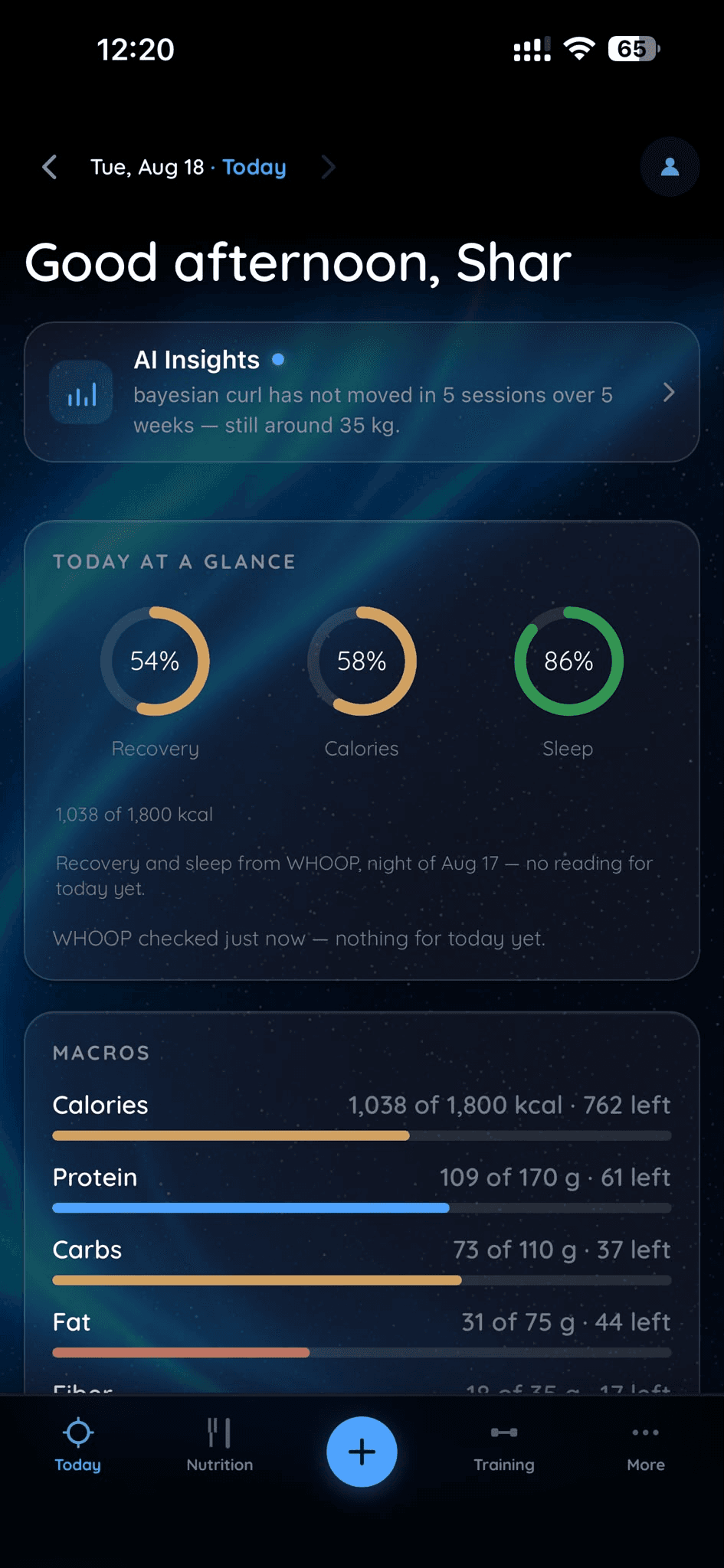 SHAR Today screen showing recovery, calories, sleep and AI insights